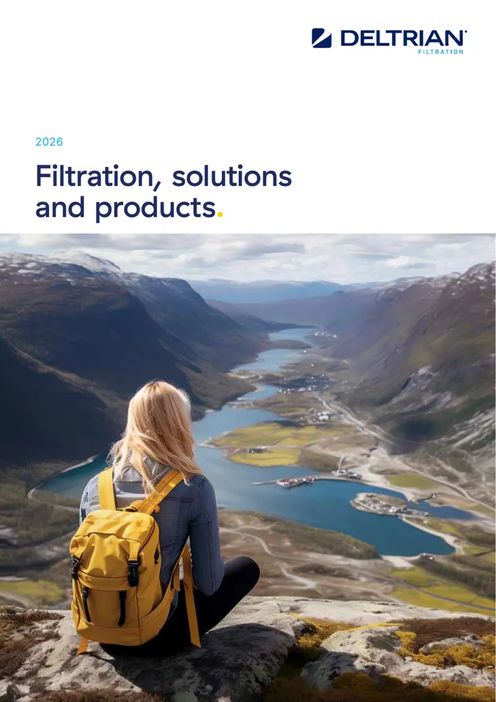 Naslovna strana Deltrian kataloga „Filtration, solutions and products 2026“.