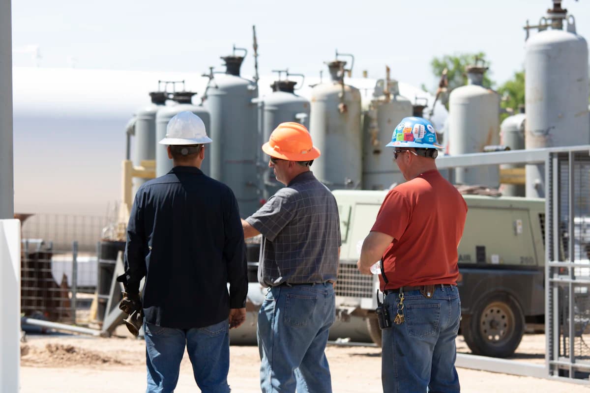 Engineers in hard hats in front of an industrial plant.
