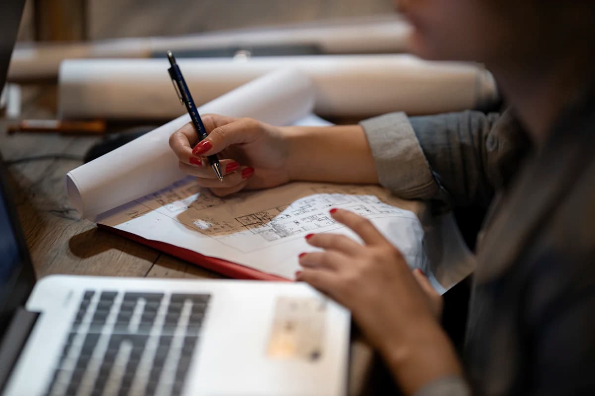 Hands drawing on a technical drawing next to a laptop.